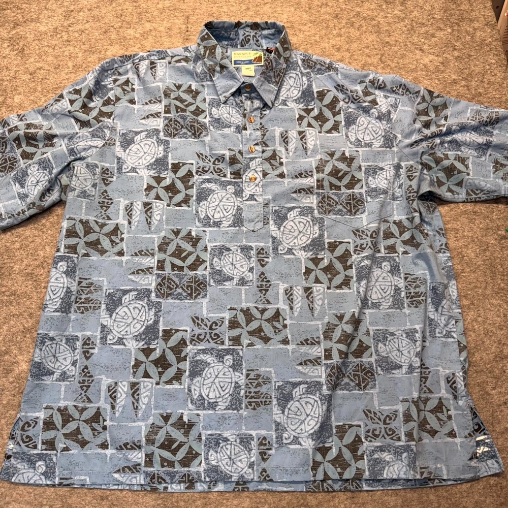 Makapuu Hawaiian Shirt Men 3XL Turtle Print Cotton Blue Geometric Aloha Shirt